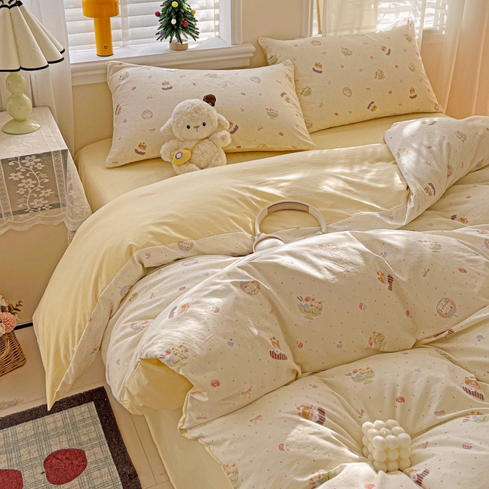 91家纺网 家纺一手货源 找家纺 温眠家纺 2026新款A类古法水洗仿棉云感棉加厚四件套 蛋糕猫咪