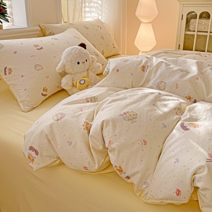 91家纺网 家纺一手货源 找家纺 温眠家纺 2026新款A类古法水洗仿棉云感棉加厚四件套 蛋糕猫咪