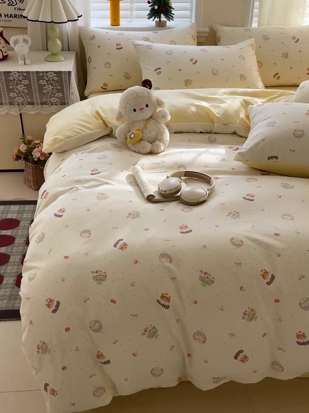 91家纺网 家纺一手货源 找家纺 温眠家纺 2026新款A类古法水洗仿棉云感棉加厚四件套 蛋糕猫咪