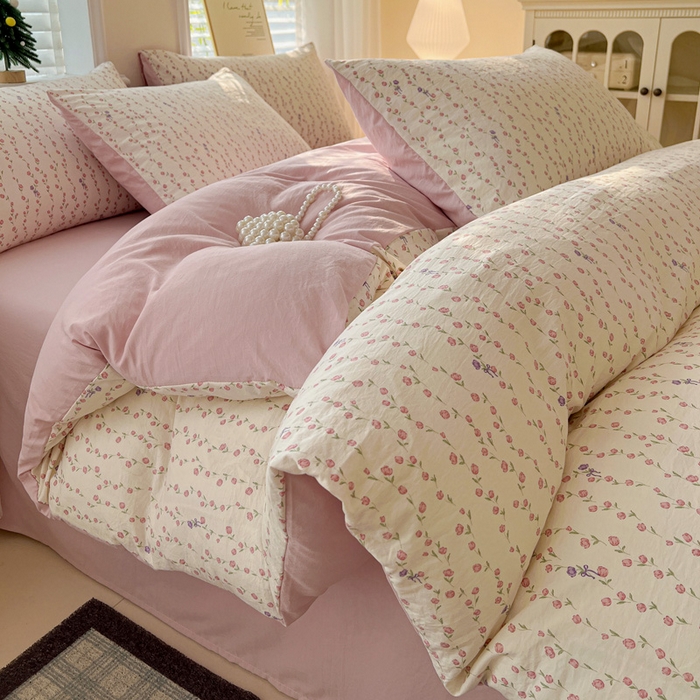 温眠家纺 2026新款A类古法水洗仿棉云感棉加厚四件套 花梦蔓