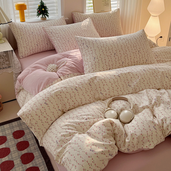 91家纺网 家纺一手货源 找家纺 温眠家纺 2026新款A类古法水洗仿棉云感棉加厚四件套 花梦蔓