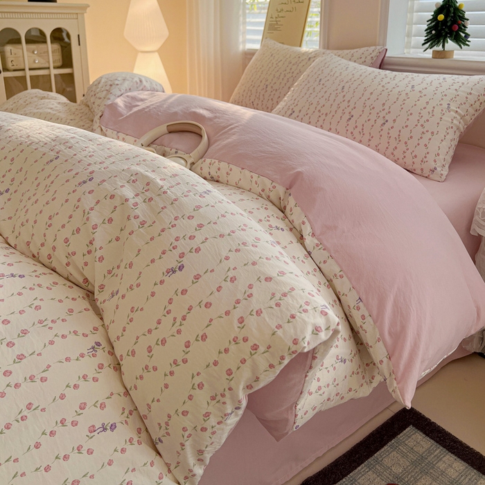 91家纺网 家纺一手货源 找家纺 温眠家纺 2026新款A类古法水洗仿棉云感棉加厚四件套 花梦蔓