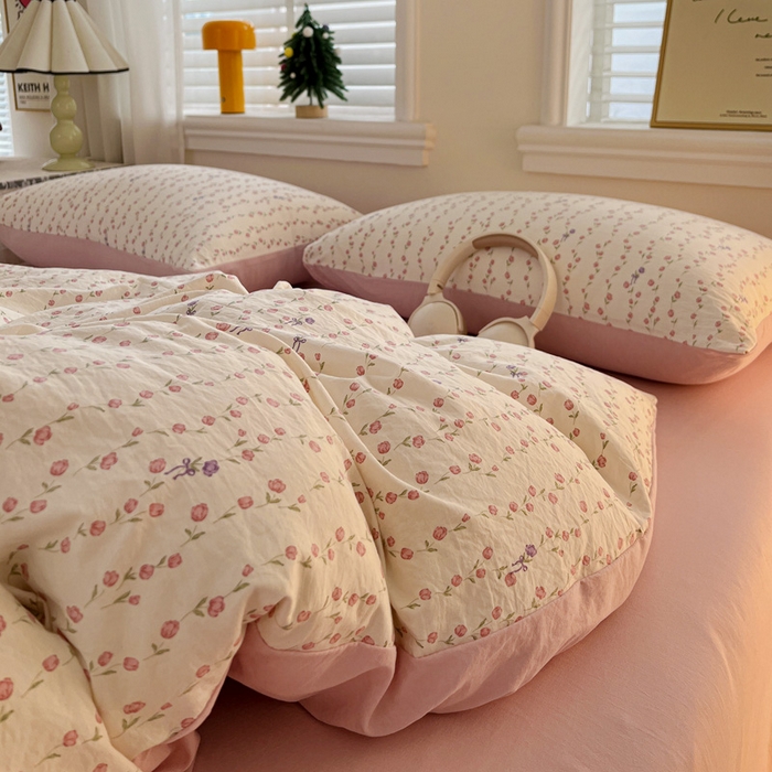 91家纺网 家纺一手货源 找家纺 温眠家纺 2026新款A类古法水洗仿棉云感棉加厚四件套 花梦蔓