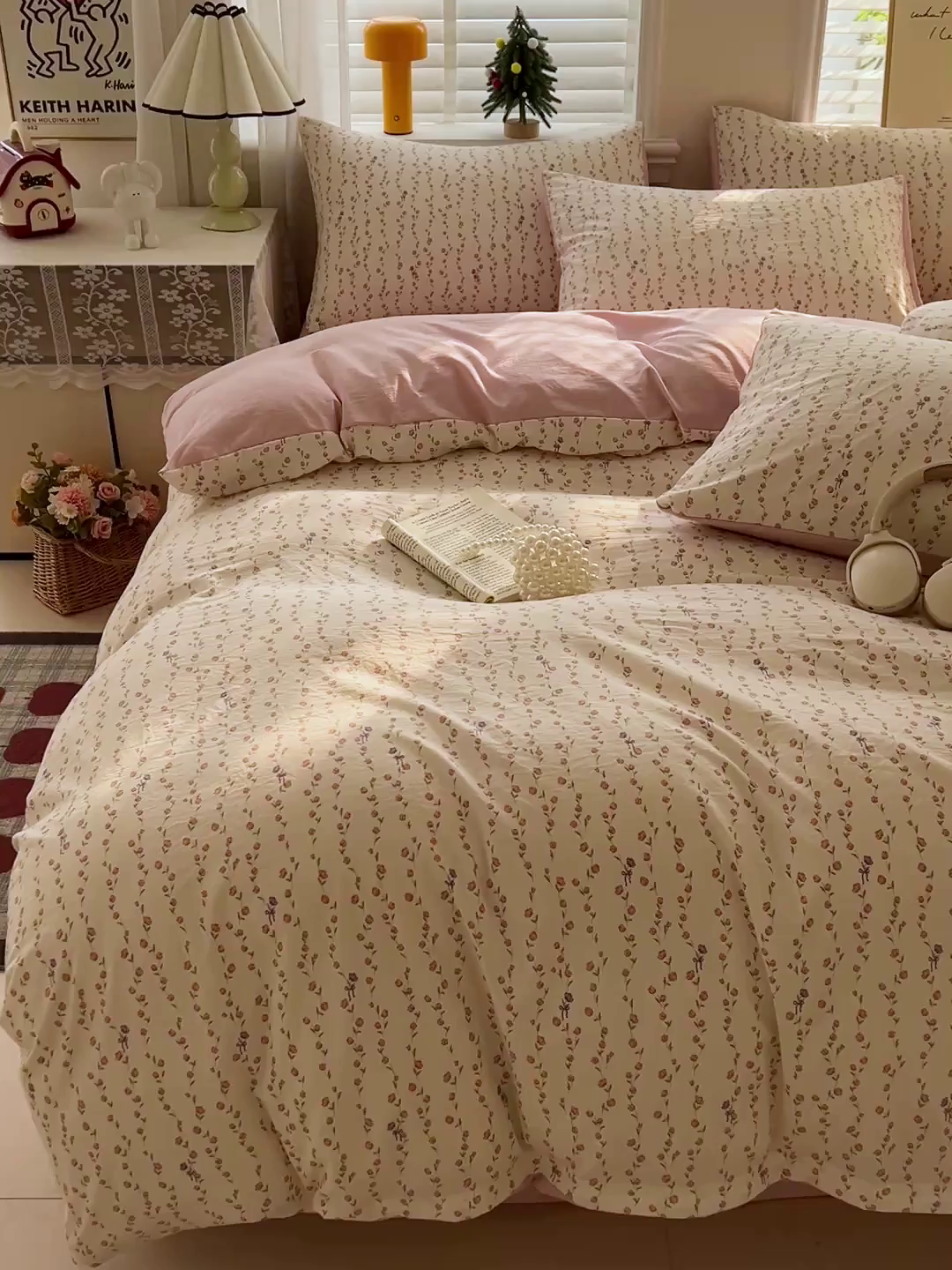 91家纺网 家纺一手货源 找家纺 温眠家纺 2026新款A类古法水洗仿棉云感棉加厚四件套 花梦蔓