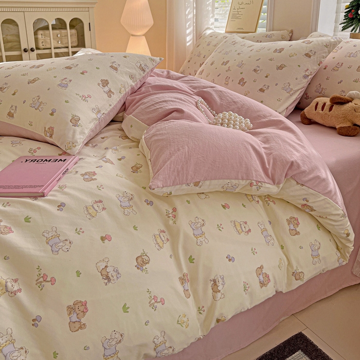 91家纺网 家纺一手货源 找家纺 温眠家纺 2026新款A类古法水洗仿棉云感棉加厚四件套 花园小狗