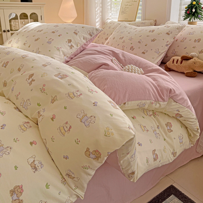 91家纺网 家纺一手货源 找家纺 温眠家纺 2026新款A类古法水洗仿棉云感棉加厚四件套 花园小狗