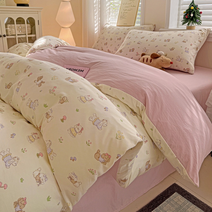 91家纺网 家纺一手货源 找家纺 温眠家纺 2026新款A类古法水洗仿棉云感棉加厚四件套 花园小狗