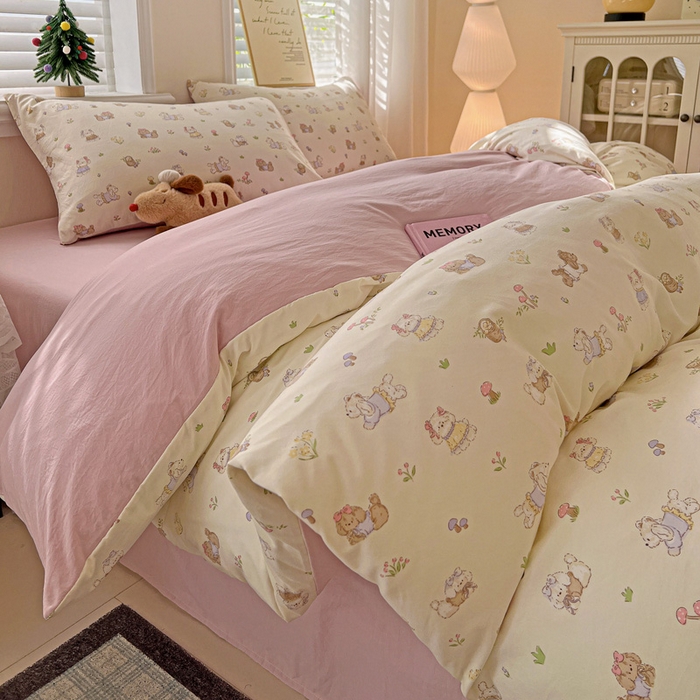 91家纺网 家纺一手货源 找家纺 温眠家纺 2026新款A类古法水洗仿棉云感棉加厚四件套 花园小狗