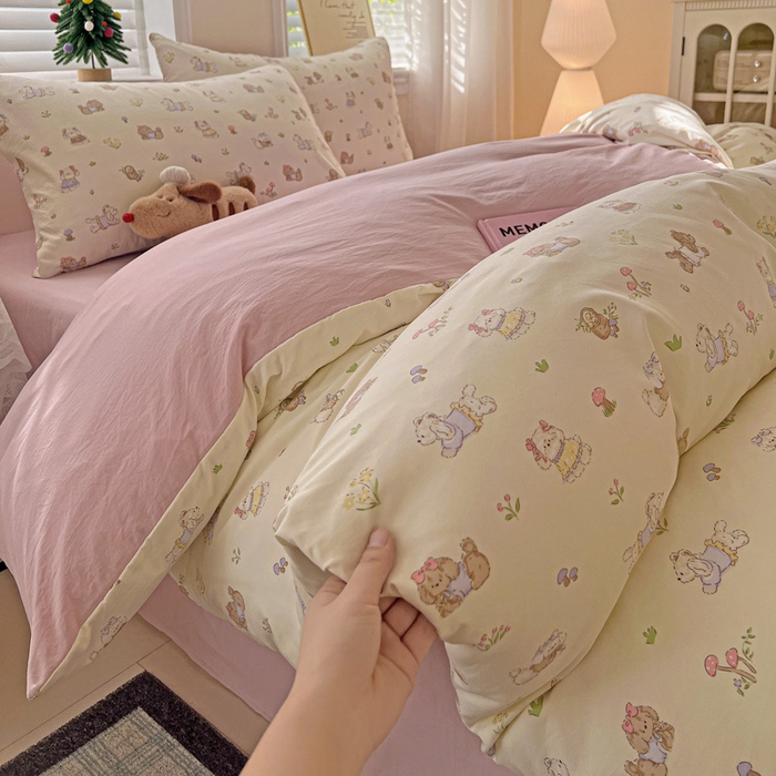 91家纺网 家纺一手货源 找家纺 温眠家纺 2026新款A类古法水洗仿棉云感棉加厚四件套 花园小狗