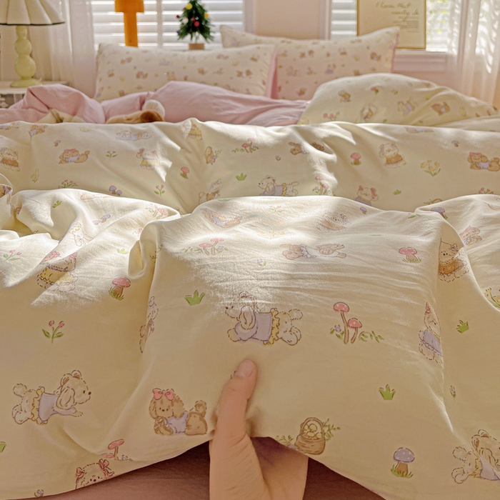 91家纺网 家纺一手货源 找家纺 温眠家纺 2026新款A类古法水洗仿棉云感棉加厚四件套 花园小狗