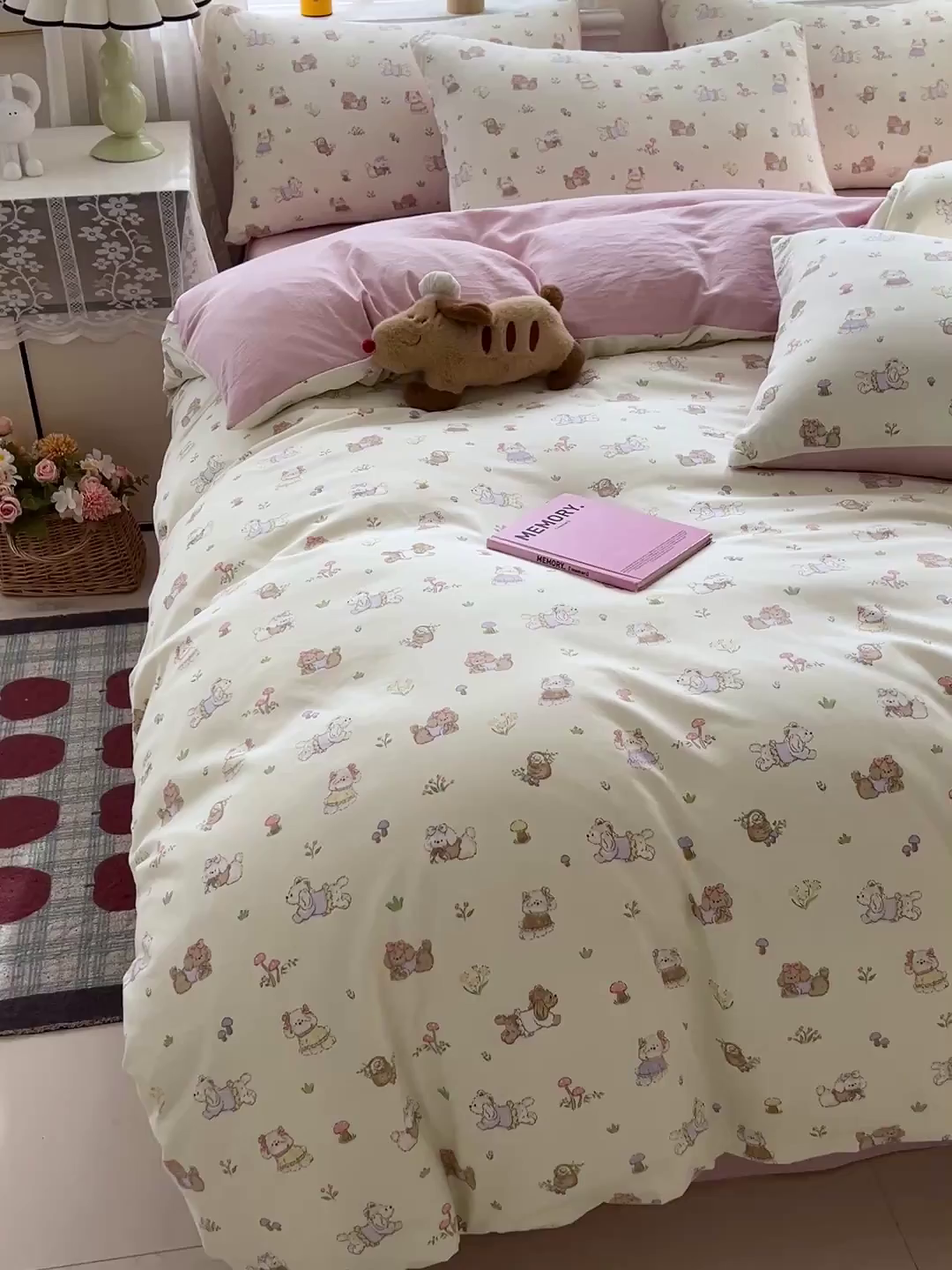 91家纺网 家纺一手货源 找家纺 温眠家纺 2026新款A类古法水洗仿棉云感棉加厚四件套 花园小狗