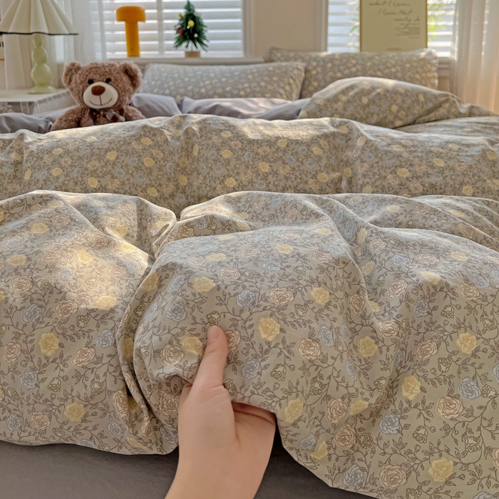 91家纺网 家纺一手货源 找家纺 温眠家纺 2026新款A类古法水洗仿棉云感棉加厚四件套 花悦梦境