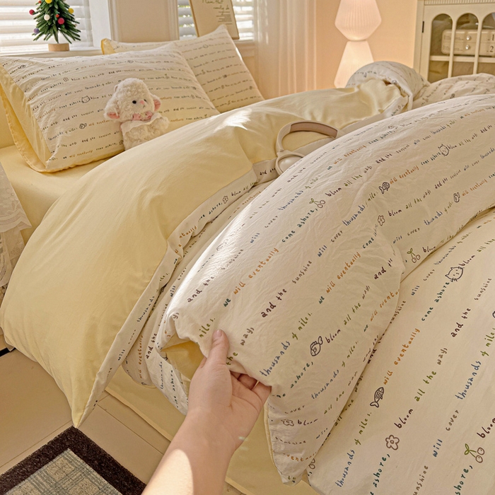 91家纺网 家纺一手货源 找家纺 温眠家纺 2026新款A类古法水洗仿棉云感棉加厚四件套 猫猫与鱼