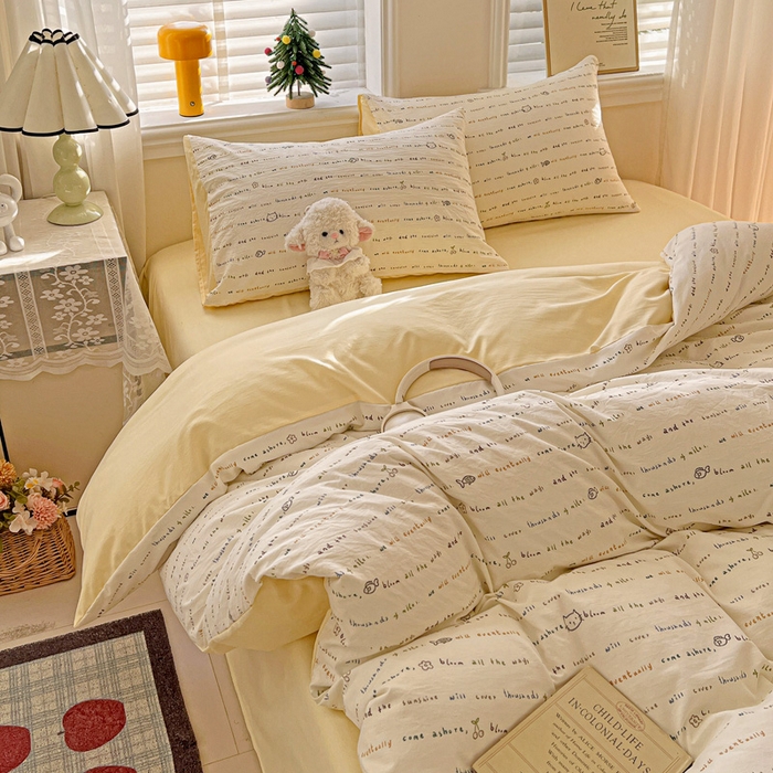 91家纺网 家纺一手货源 找家纺 温眠家纺 2026新款A类古法水洗仿棉云感棉加厚四件套 猫猫与鱼