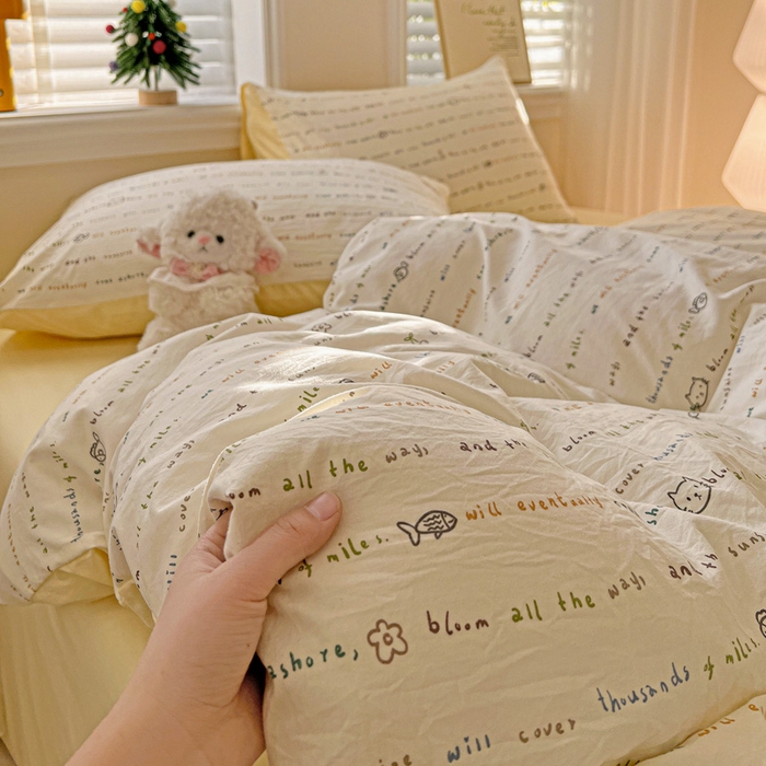 91家纺网 家纺一手货源 找家纺 温眠家纺 2026新款A类古法水洗仿棉云感棉加厚四件套 猫猫与鱼