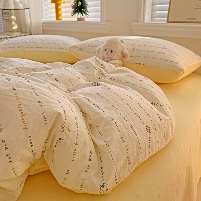 91家纺网 家纺一手货源 找家纺 温眠家纺 2026新款A类古法水洗仿棉云感棉加厚四件套 猫猫与鱼