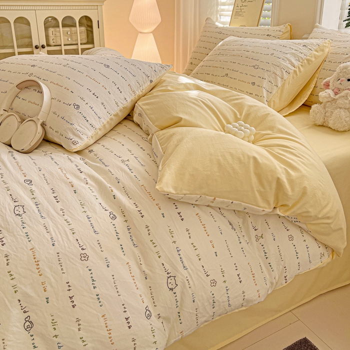 91家纺网 家纺一手货源 找家纺 温眠家纺 2026新款A类古法水洗仿棉云感棉加厚四件套 猫猫与鱼