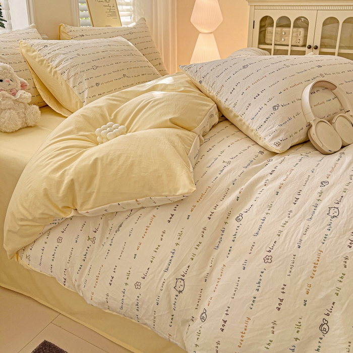 91家纺网 家纺一手货源 找家纺 温眠家纺 2026新款A类古法水洗仿棉云感棉加厚四件套 猫猫与鱼