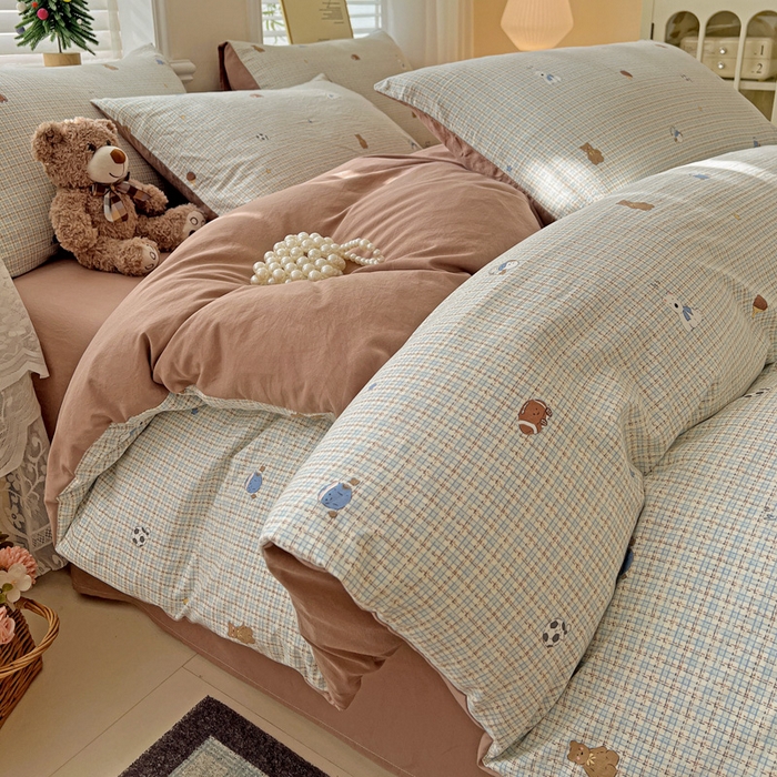 温眠家纺 2026新款A类古法水洗仿棉云感棉加厚四件套 奶咖小熊