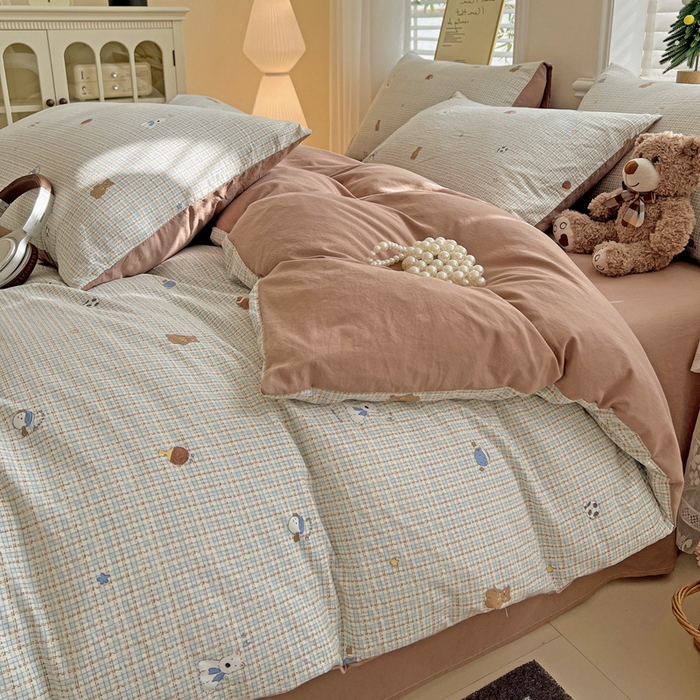 91家纺网 家纺一手货源 找家纺 温眠家纺 2026新款A类古法水洗仿棉云感棉加厚四件套 奶咖小熊