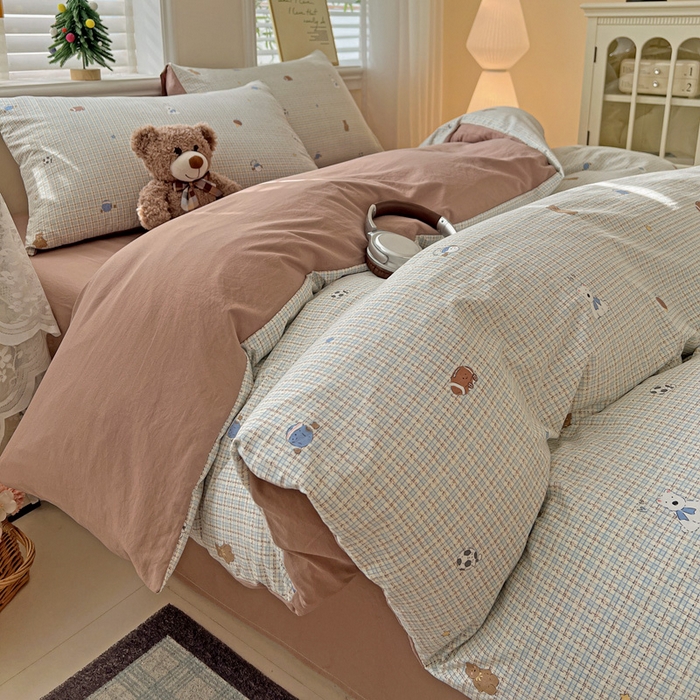 91家纺网 家纺一手货源 找家纺 温眠家纺 2026新款A类古法水洗仿棉云感棉加厚四件套 奶咖小熊