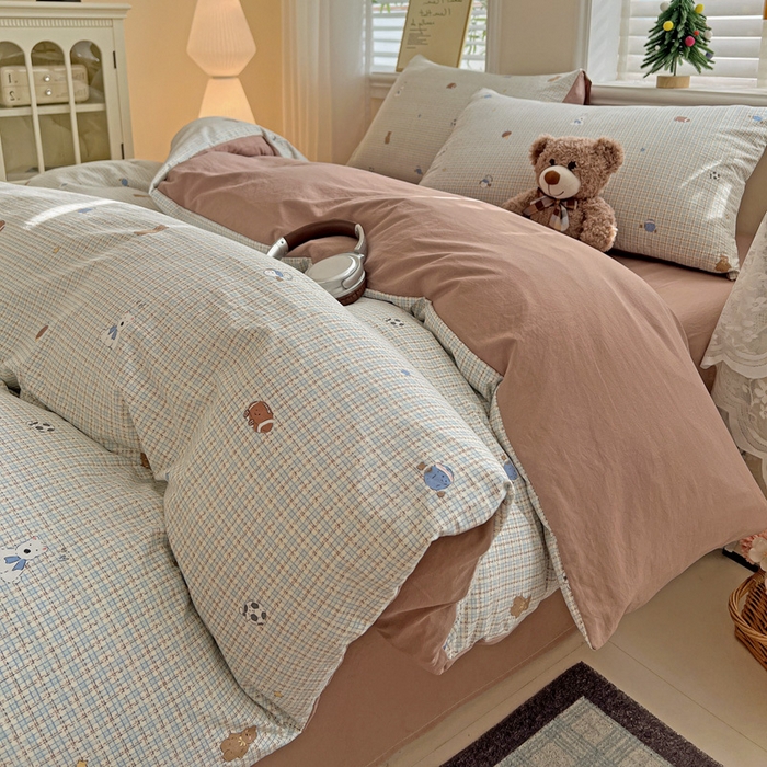 91家纺网 家纺一手货源 找家纺 温眠家纺 2026新款A类古法水洗仿棉云感棉加厚四件套 奶咖小熊