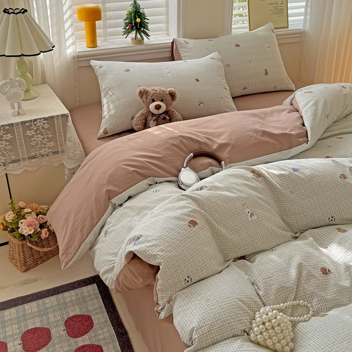 91家纺网 家纺一手货源 找家纺 温眠家纺 2026新款A类古法水洗仿棉云感棉加厚四件套 奶咖小熊