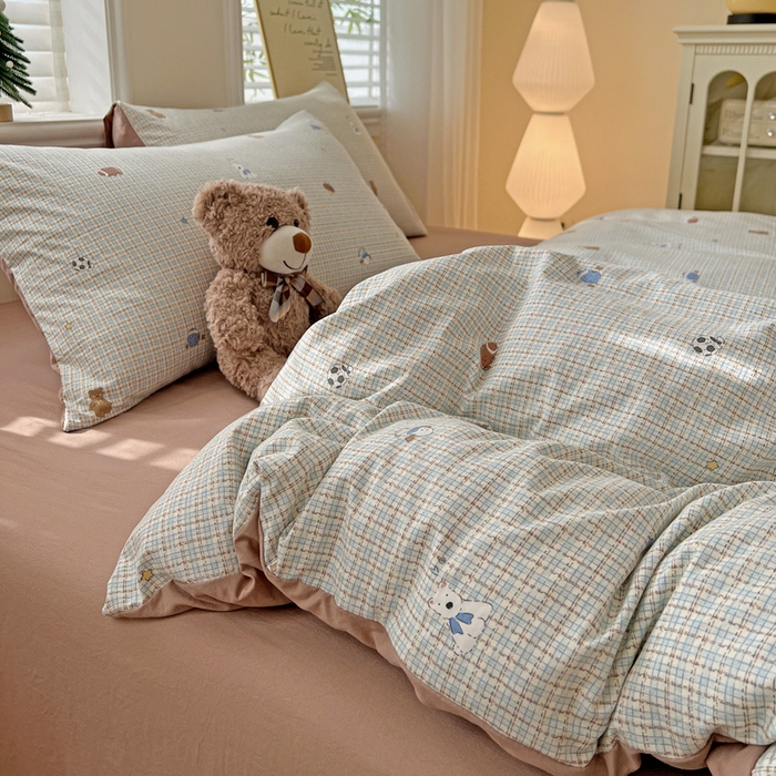 91家纺网 家纺一手货源 找家纺 温眠家纺 2026新款A类古法水洗仿棉云感棉加厚四件套 奶咖小熊