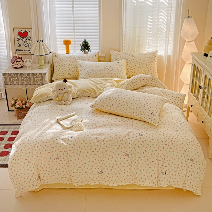 91家纺网 家纺一手货源 找家纺 温眠家纺 2026新款A类古法水洗仿棉云感棉加厚四件套 软芙小狗