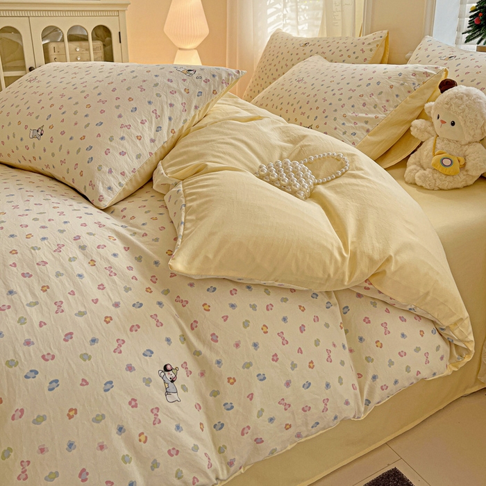 91家纺网 家纺一手货源 找家纺 温眠家纺 2026新款A类古法水洗仿棉云感棉加厚四件套 软芙小狗