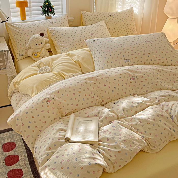 91家纺网 家纺一手货源 找家纺 温眠家纺 2026新款A类古法水洗仿棉云感棉加厚四件套 软芙小狗