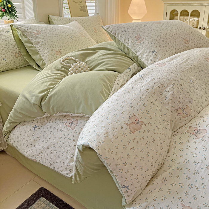 温眠家纺 2026新款A类古法水洗仿棉云感棉加厚四件套 碎花小狗