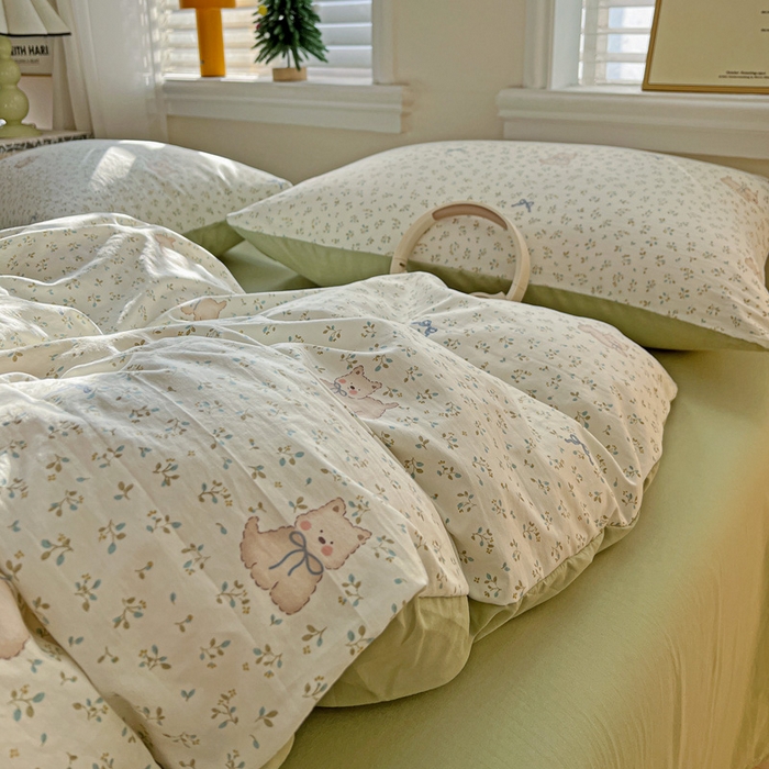 91家纺网 家纺一手货源 找家纺 温眠家纺 2026新款A类古法水洗仿棉云感棉加厚四件套 碎花小狗