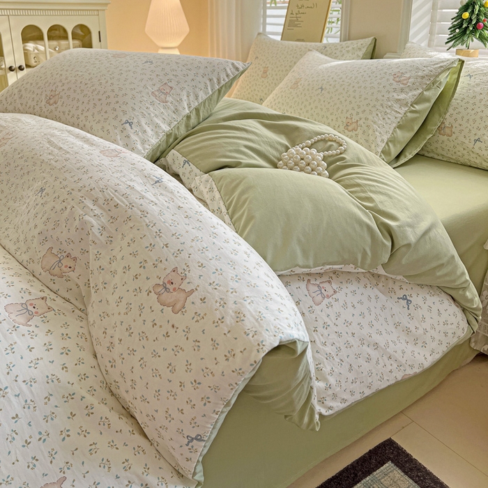 91家纺网 家纺一手货源 找家纺 温眠家纺 2026新款A类古法水洗仿棉云感棉加厚四件套 碎花小狗