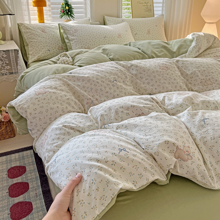 91家纺网 家纺一手货源 找家纺 温眠家纺 2026新款A类古法水洗仿棉云感棉加厚四件套 碎花小狗