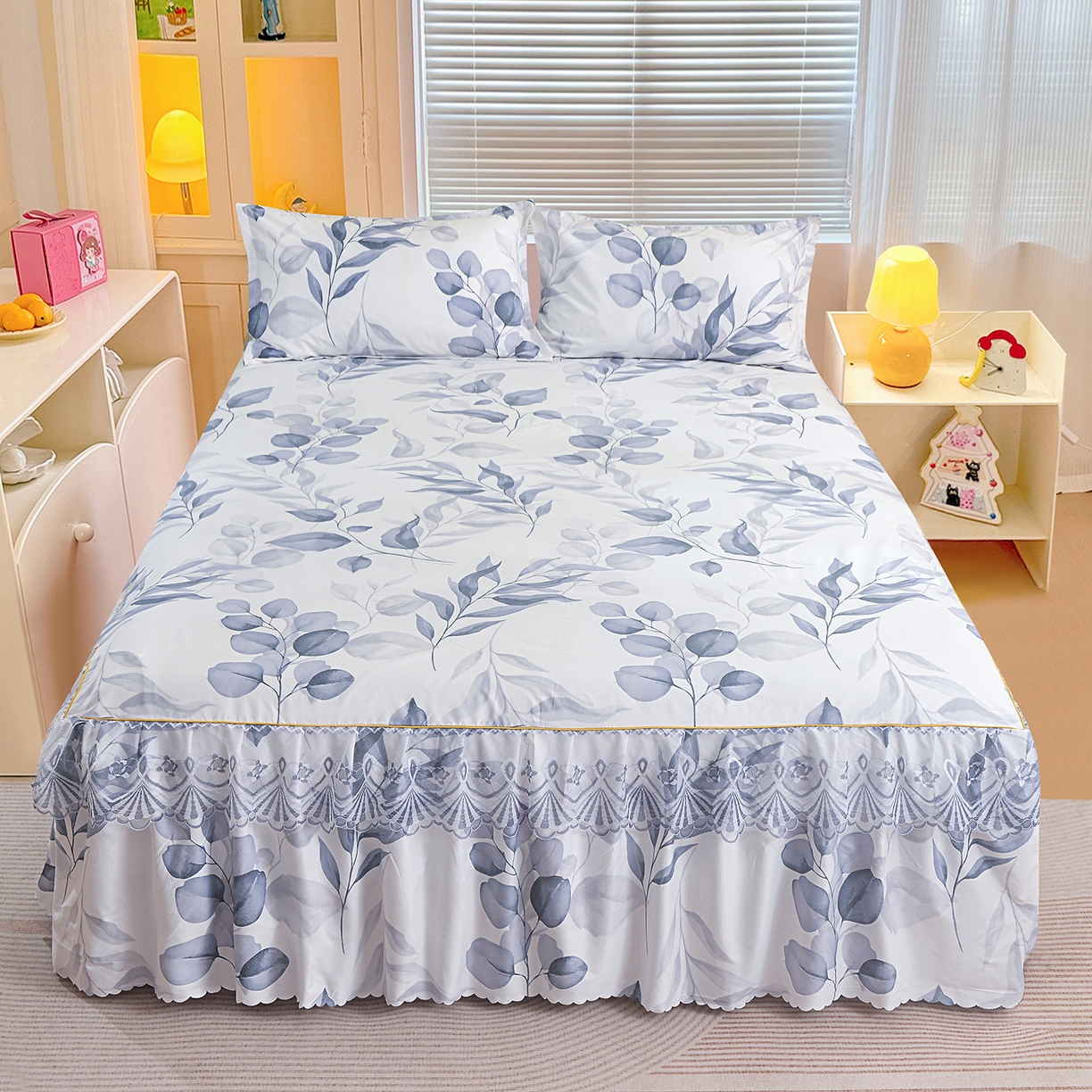 小雨家纺 2026新款蕾丝花边双边跨境芦荟棉床裙 一叶知秋-灰（蕾丝花边）