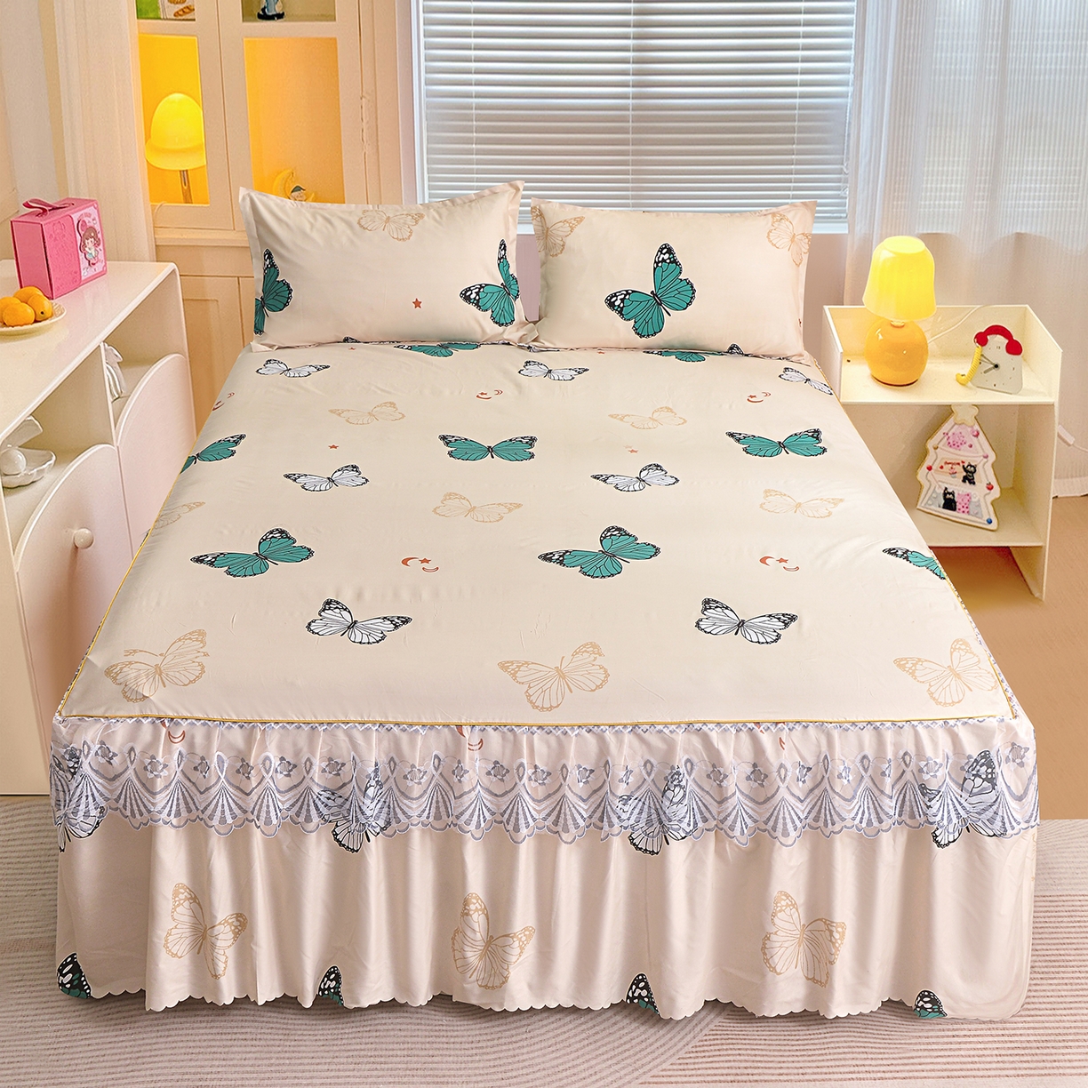 91家纺网 家纺一手货源 找家纺 小雨家纺 2026新款蕾丝花边双边跨境芦荟棉床裙 化蝶（蕾丝花边）