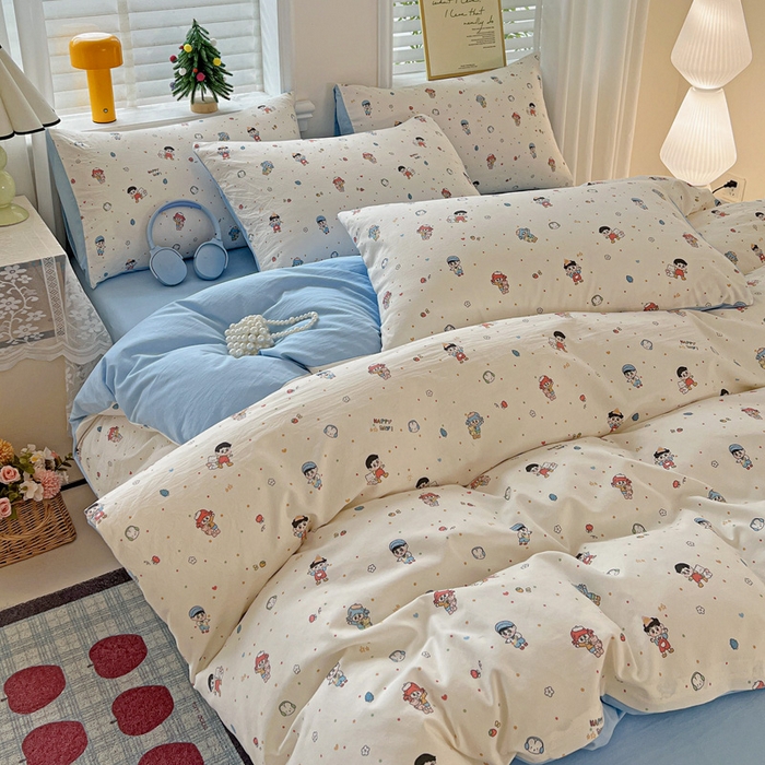 91家纺网 家纺一手货源 找家纺 温眠家纺 2026新款A类古法水洗仿棉云感棉加厚四件套 童趣甜日