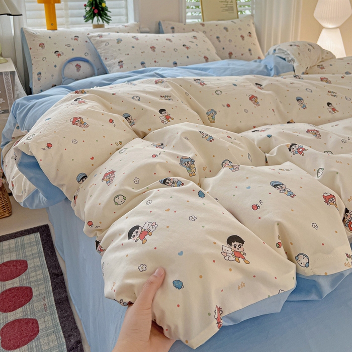 91家纺网 家纺一手货源 找家纺 温眠家纺 2026新款A类古法水洗仿棉云感棉加厚四件套 童趣甜日