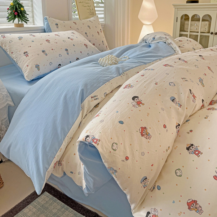 91家纺网 家纺一手货源 找家纺 温眠家纺 2026新款A类古法水洗仿棉云感棉加厚四件套 童趣甜日