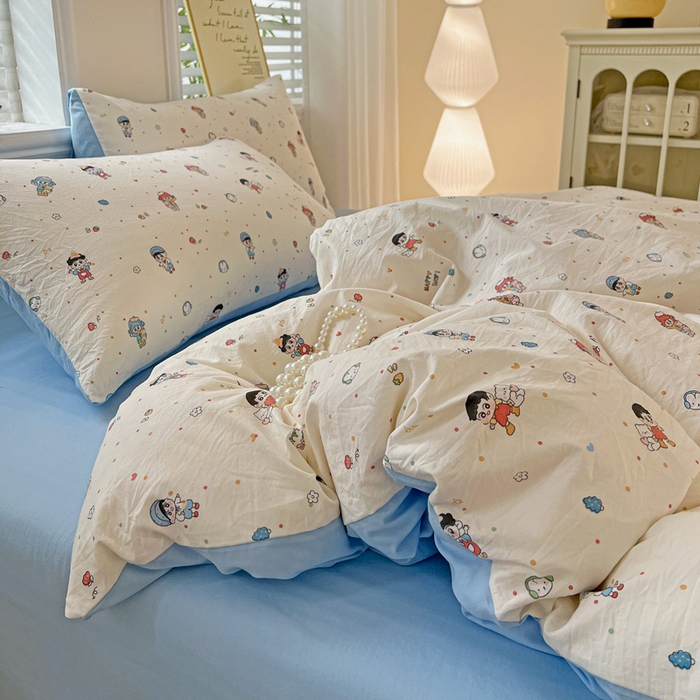 91家纺网 家纺一手货源 找家纺 温眠家纺 2026新款A类古法水洗仿棉云感棉加厚四件套 童趣甜日