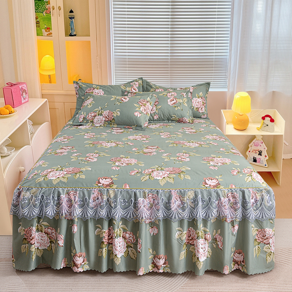 小雨家纺 2026新款蕾丝花边双边跨境芦荟棉床裙 古色古香-绿（蕾丝花边）