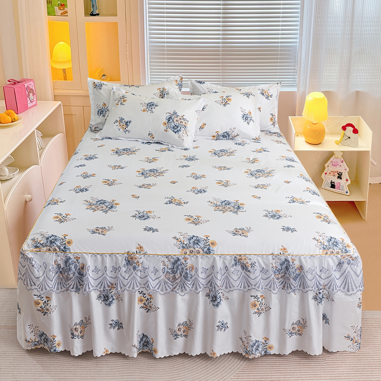 小雨家纺 2026新款蕾丝花边双边跨境芦荟棉床裙 朝气蓬勃-兰（蕾丝花边）