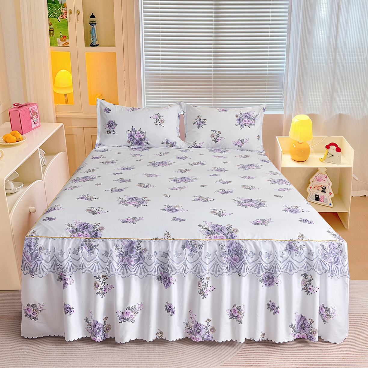 91家纺网 家纺一手货源 找家纺 小雨家纺 2026新款蕾丝花边双边跨境芦荟棉床裙 朝气蓬勃-紫（蕾丝花边）