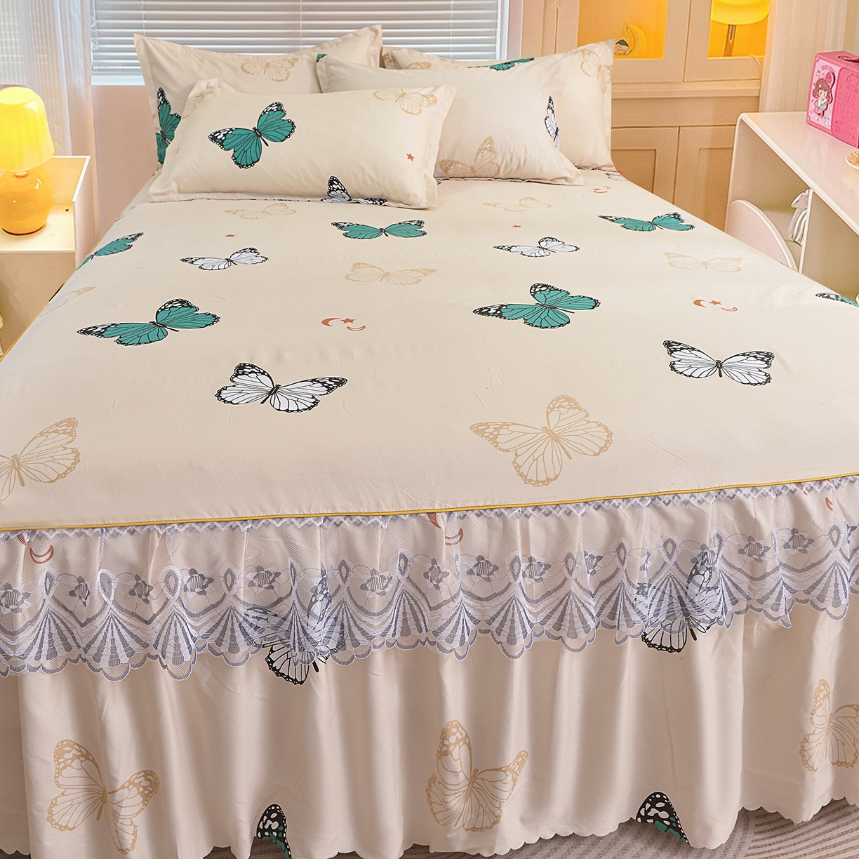 91家纺网 家纺一手货源 找家纺 小雨家纺 2026新款蕾丝花边双边跨境芦荟棉床裙 化蝶（蕾丝花边）