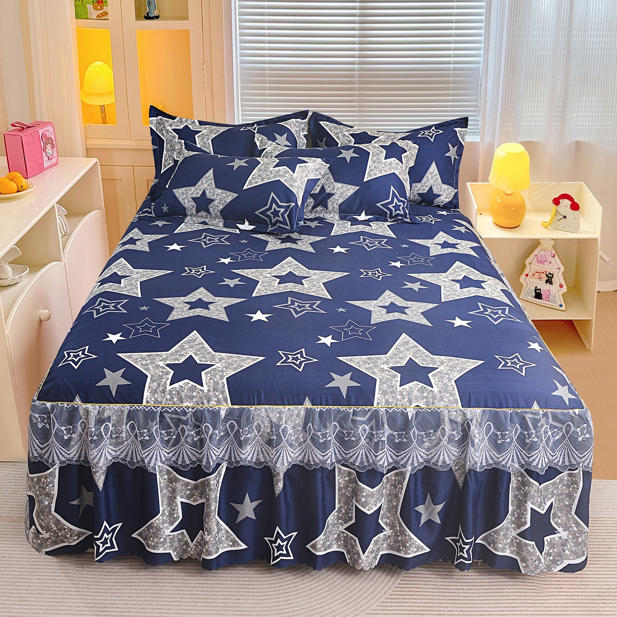 91家纺网 家纺一手货源 找家纺 小雨家纺 2026新款蕾丝花边双边跨境芦荟棉床裙 五角星（蕾丝花边）