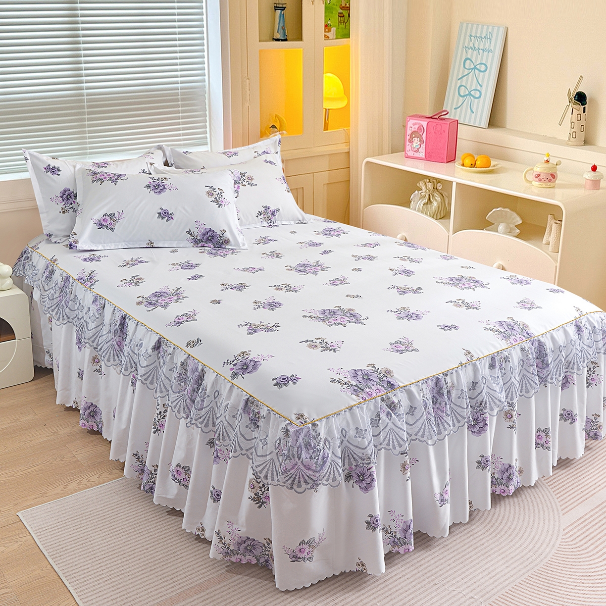 91家纺网 家纺一手货源 找家纺 小雨家纺 2026新款蕾丝花边双边跨境芦荟棉床裙 朝气蓬勃-紫（蕾丝花边）