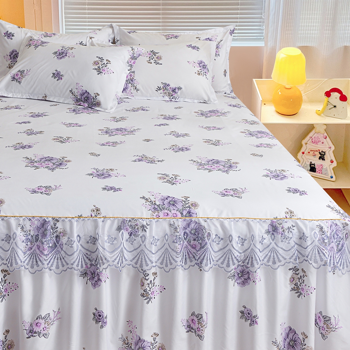 91家纺网 家纺一手货源 找家纺 小雨家纺 2026新款蕾丝花边双边跨境芦荟棉床裙 朝气蓬勃-紫（蕾丝花边）