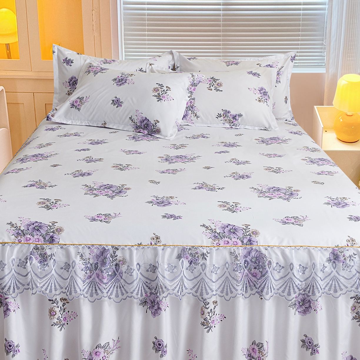 91家纺网 家纺一手货源 找家纺 小雨家纺 2026新款蕾丝花边双边跨境芦荟棉床裙 朝气蓬勃-紫（蕾丝花边）