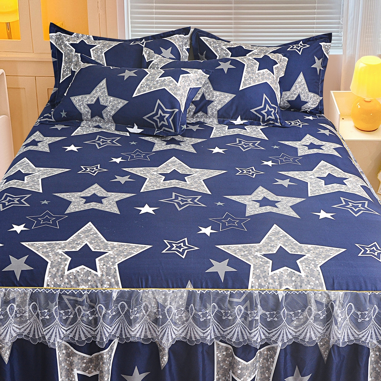 91家纺网 家纺一手货源 找家纺 小雨家纺 2026新款蕾丝花边双边跨境芦荟棉床裙 五角星（蕾丝花边）